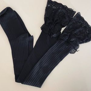 Lace Top Thigh Highs Cotton Stretch Ribbed Knit Over the Knee Hosiery Black